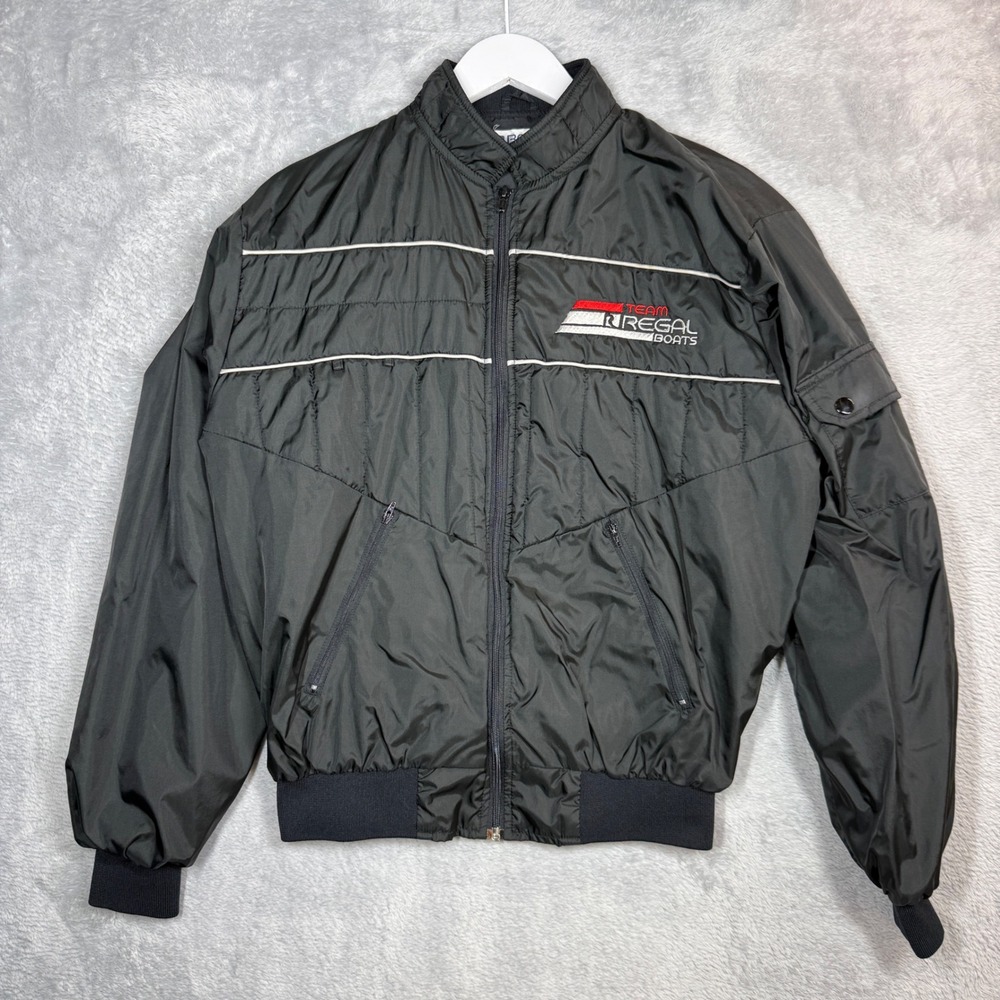 Vintage Regal Boats Bomber Jacket Mens M Black Nylon Windbreaker Full Zip 90s